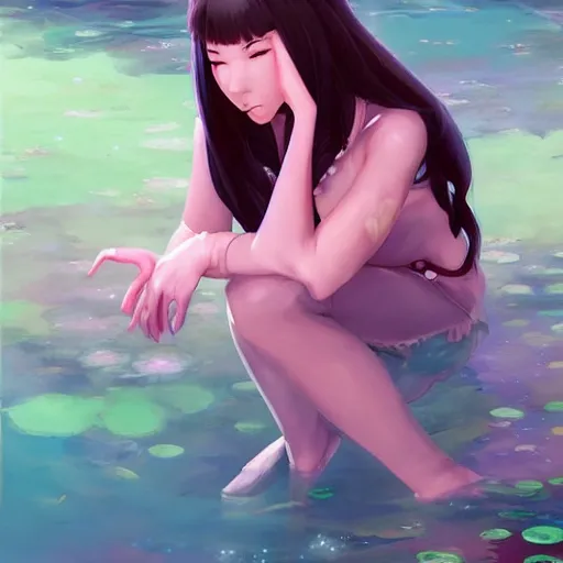 Image similar to fantasy woman girl kneeling in a pond miss attractive eye catching official fanart behance hd artstation by Rossdraws and Jesper Ejsing, by Makoto Shinkai and Lois van baarle, ilya kuvshinov, portrait soft pink theme