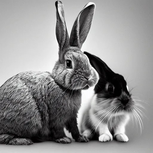 Prompt: A photograph of a rabbit sitting on the back of a cat in the style of Annie Leibovitz