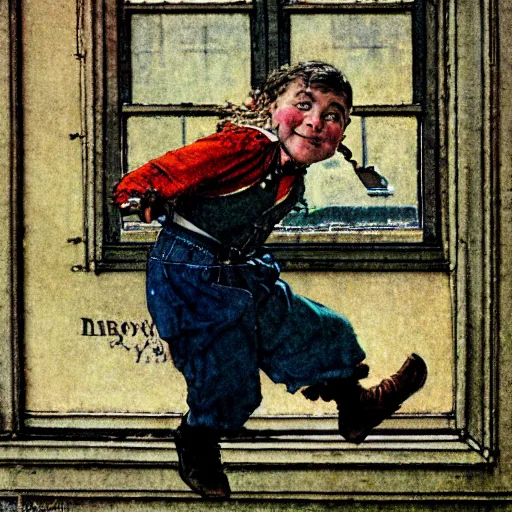 Image similar to close up portrait of dwarf jumping from window by norman rockwell, illustration, 5 0 mm lens,