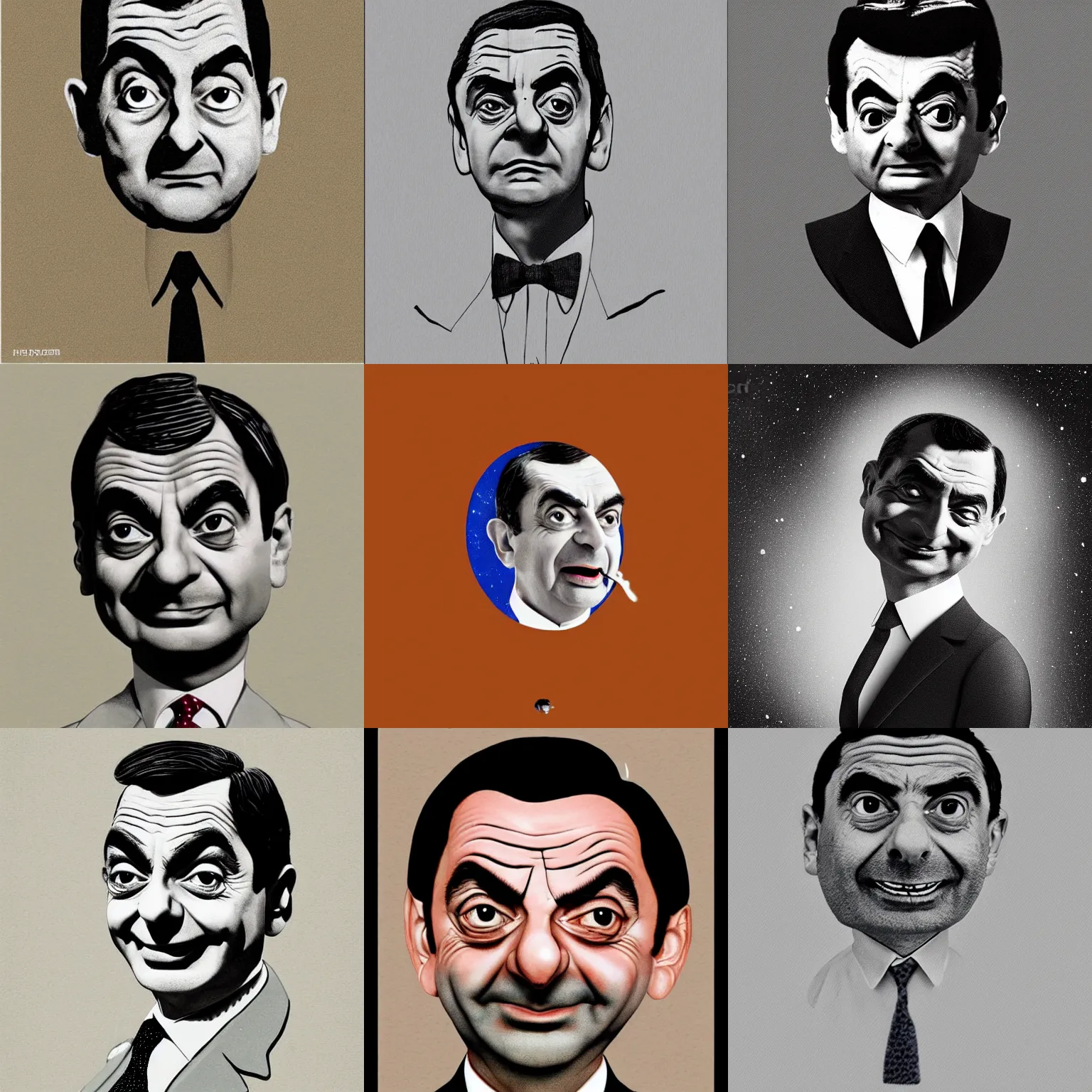 Prompt: Mr. Bean on the moon, portrait, style of H. R. GIGAR, highly detailed, minimalistic