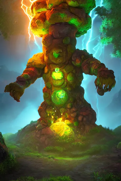 Image similar to arcane fantasy art giant golem elemental wood rock bastion forged gemstone enchanted forest troll, global illumination ray tracing hdr fanart arstation by sung choi and eric pfeiffer and gabriel garza and casper konefal lisa frank zbrush central hardmesh radiating a glowing aura