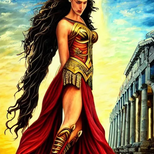 Image similar to Full body oil painting of the beautiful woman Gal Gadot, she is wearing some withe ancient roman cloths and a surreal ornate, her hair is natural disheveled, she is approaching heaven, she is in the Parthenon in Athens while people are claiming for her, she is attracting lightnings, naturalism, dramatic lighting, high-detailed oil painting by Ilya Repin, Michelangelo da Caravaggio, William Blake, Alex Grey and Beksinski, trending on Artsatio, hystorical painting, masterpiece, 4k, 8k,