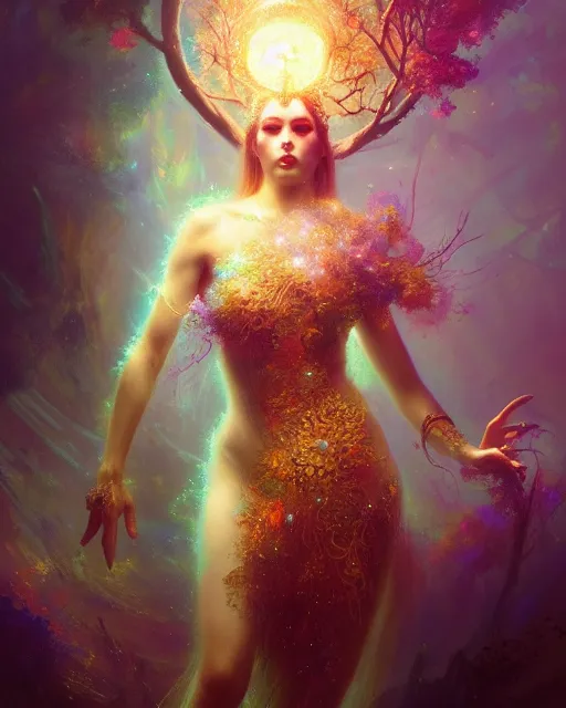 Prompt: Full View Portrait Mystical ethereal disco deity, disco ball Dryad of epic legend, 4k digital masterpiece by Greg Rutkowski and Ruan Jia and rossdraws, Alberto Seveso, fantasycore, Hyperdetailed, realistic oil on linen, soft lighting, Iconography background, featured on Artstation