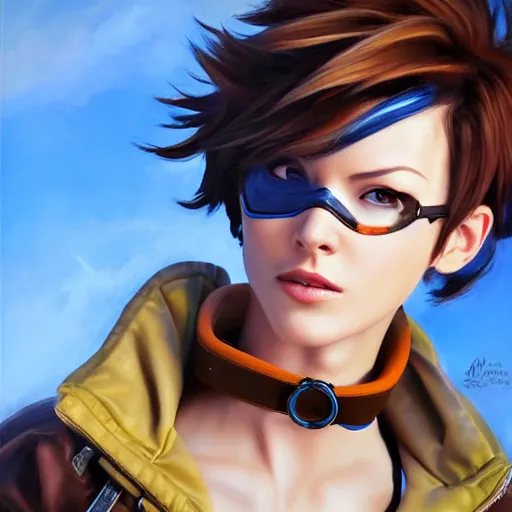 Image similar to oil painting of tracer overwatch in a field, in style of mark arian, expressive face, very detailed face, wearing leather choker, very detailed eyes, full body, feminine face, detailed makeup on eyes,