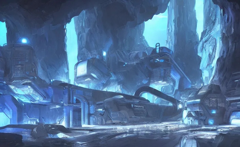 Prompt: futuristic factory in a dark cave, blue crystals, halo, star craft, concept art, mate painting, artstation