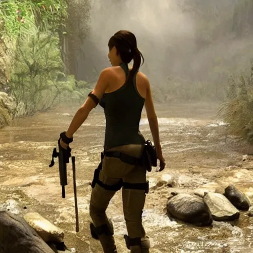 Image similar to film scene lara croft emerges from the river water, her face is covered with mud, part of the body is still in the river, it looks sweaty, hd
