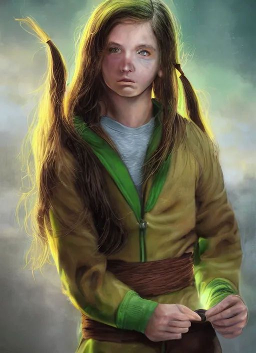 Prompt: An epic fantasy comic book style portrait painting of a young green-eyed feminine boy, fair skin, long brown hair worn in two pigtails, with his left pigtail being shorter than his right, he wears a yellow hoodie with a grey undershirt, unreal 5, DAZ, hyperrealistic, octane render, cosplay, RPG portrait, dynamic lighting, intricate detail, cinematic!!!