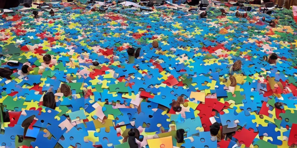 Image similar to a giant jigsaw puzzle being put together by tiny people
