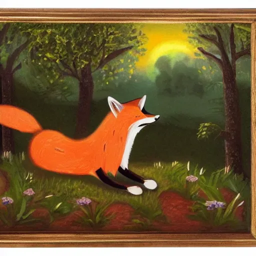 Image similar to A fox playing the piano in a meadow in the forest during the night under the moonlight, children’s book oil painting