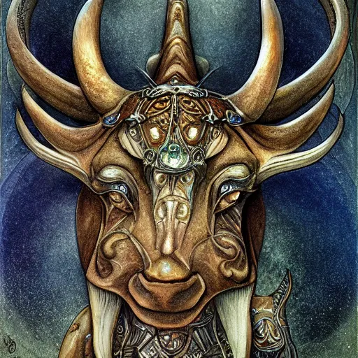 Image similar to detailed and sharp taurus artwork, mystic style, detailed, 8 k, detailed, symmetrical, by brian froud