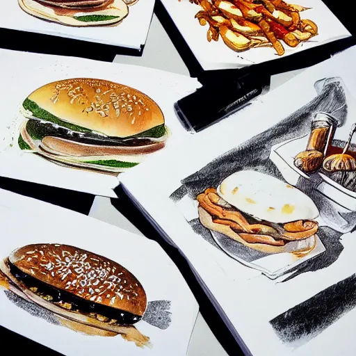 Prompt: marker paintings of street food with off white background in black and white