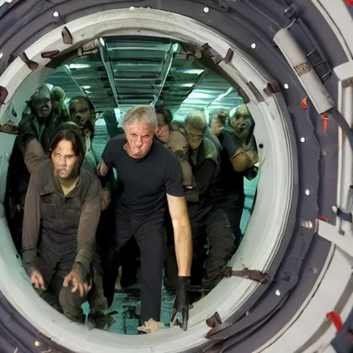 Prompt: James Cameron movie, inside a nuclear submarine, the crew fight to keep the hatch door closed as zombies try to break through