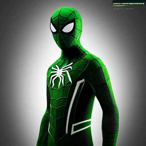 Image similar to green spider - man suit with black web lining, cinematic, volumetric lighting, realistic, hyperdetailed, photorealistic, photograph