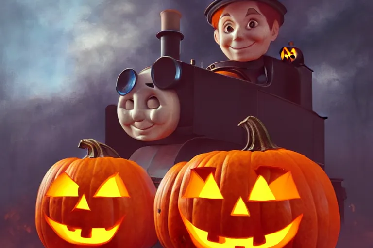 Prompt: portrait of thomas the tank engine hauling jack - o - lantern on fire, halloween night, charlie bowater, artgerm, ilya kuvshinov, krenz cushart, ruan jia, realism, ultra detailed, 8 k resolution