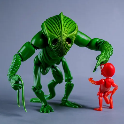 Image similar to 1980s plastic vinyl action figure toy of Cthulu creature with muscular arms, studio photography isolated on a white background