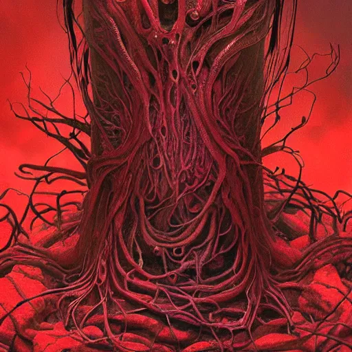 Image similar to Red coloured plants made of flesh growing in a rocky crevice, inspired by HR giger and Lovecraft, veins, dim red light, intricate, highly detailed, digital painting, artstation, concept art, sharp focus, illustration, art by greg rutkowski and alphonse mucha