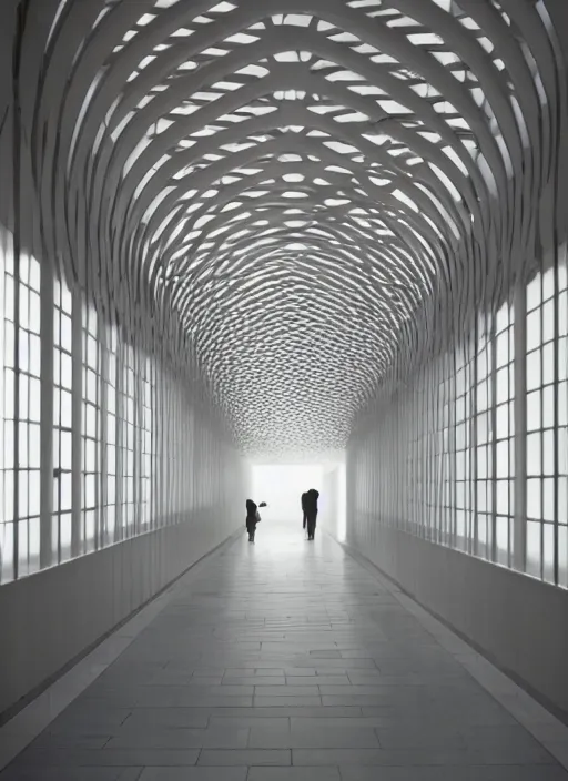 Prompt: photograph of a hallway decorated by Olafur Eliasson, architecture magazine, dezeen, 50mm, pentax, film