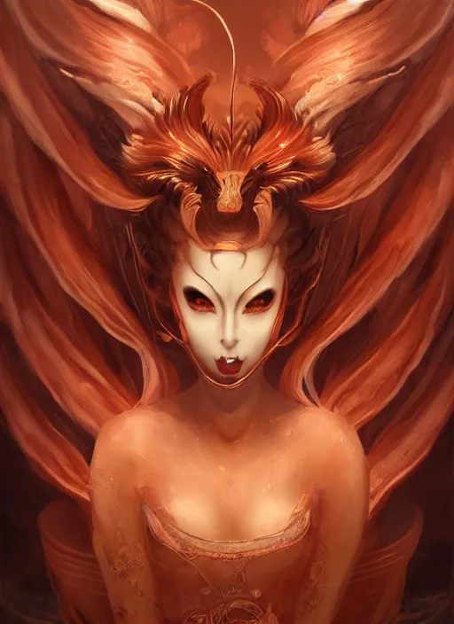 Prompt: a beautiful detailed oil on copper art illustration of a japanese kitsune mask devil sexy woman, centered, by charlie bowater, zeng fanzh, trending on artstation, dim dusk lighting, cinematic lighting, detailed lighting, volumetric lighting, realistic, f 8, 4 k hd wallpaper