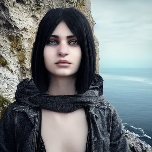 Prompt: 1 7 - year - old pale - skinned persian girl with black long bob cut, black gothic jacket, blue jeans, psychic girl, psychokinetic girl, standing on cliff along the irish coast, overcast gray skies, ultra - realistic, sharp details, subsurface scattering, intricate details, cold lighting, highly detailed, photorealistic, octane render, art by artgerm