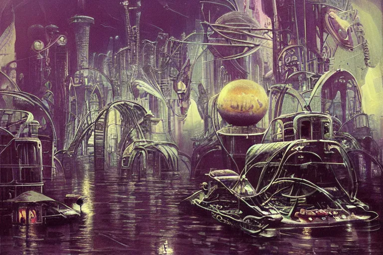 Image similar to river boats speeding between spherical tree houses on flooded streets of new york painting by h. r. giger and paul lehr