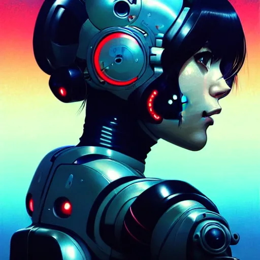 Image similar to side portrait scifi cyborg girl with robotic parts and spacesuit | | head only in center of image, audrey plaza, fine detail!! anime!! realistic shaded lighting!! poster by ilya kuvshinov katsuhiro otomo ghost - in - the - shell, magali villeneuve, artgerm, jeremy lipkin and michael garmash and rob rey