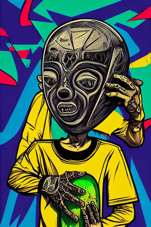 Image similar to random skateboarder with scary mask, pop art, aesthetic art, 8 k, asymmetrical, high details, digital painting, concept art, smooth, sharp focus, illustration, intricate, art by arstation and mimmo rottela, pixels art by paul robertson