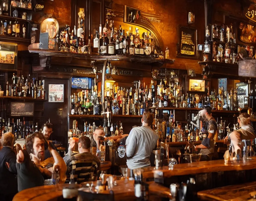 Prompt: an enormous toad standing at the bar, a crowd of people in an English pub