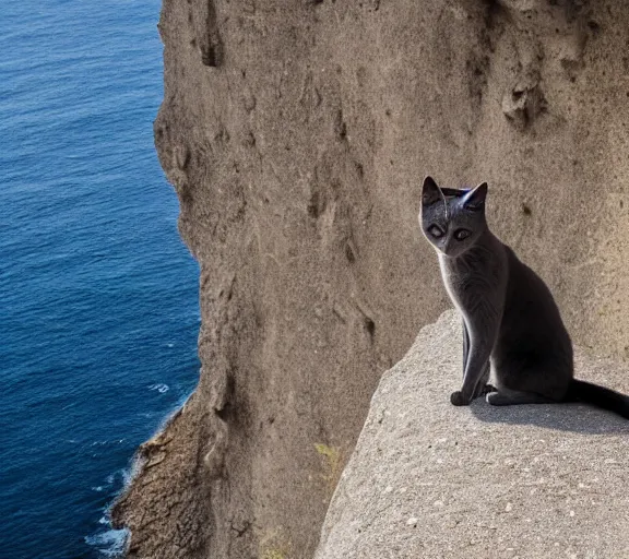 Image similar to a slender grey cat standing on a cliff overlooking a beach. hyper realistic and anamorphic 2 0 1 0 s movie still of giovanni falcone, by paolo sorrentino, leica sl 2 3 0 mm, beautiful color, high quality, high textured, lens flare, refined face and muzzle.