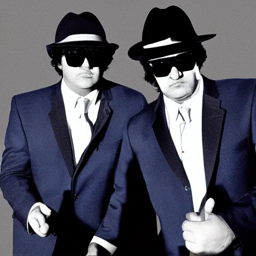 Image similar to blues brothers walking towards camera with white background. wearing suits. strong shadows. high contrast. serious look. carrying a pistol