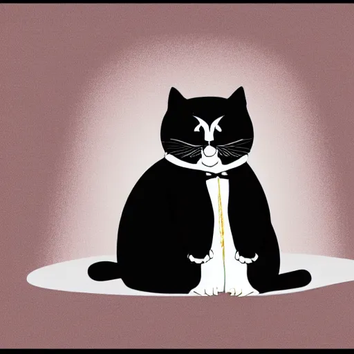 Image similar to a very fat and judgmental cat wearing a full tuxedo sitting in a dimly lit parlor lounge