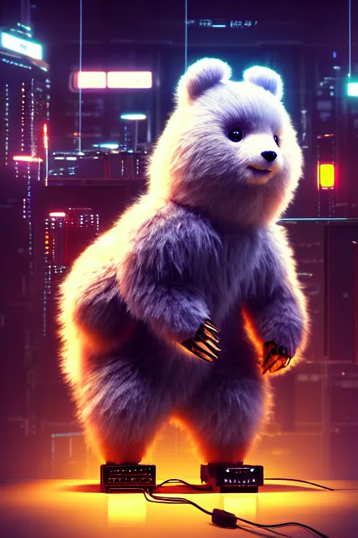 Image similar to high quality 3 d render very cute fluffy cyborg!! bear plays moog synthesizer, cyberpunk highly detailed, unreal engine cinematic smooth, in the style of blade runner & detective pikachu, hannah yata charlie immer, moody light, low angle, uhd 8 k, sharp focus