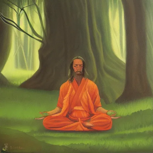 Image similar to A Jedi meditating in the forest, oil painting