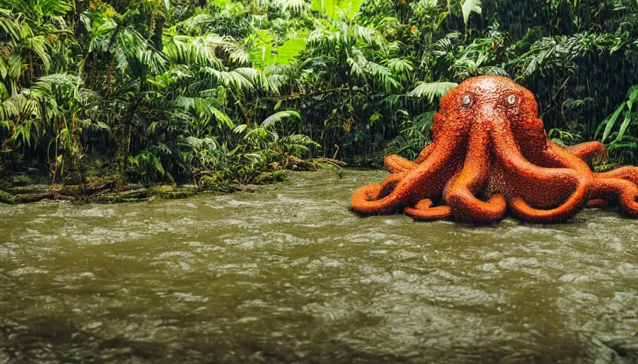 Image similar to a rainy foggy jungle, river with low hanging plants, there is a giant coral colored octopus in the water, great photography, ambient light