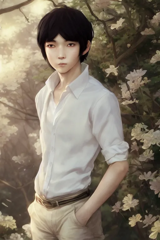 Image similar to a beautiful charming and dreamlike japanese boy in white shirt, character art, art by artgerm lau and kyoung hwan kim and and ilya kuvshinov and john singer sargent, hyperdetailed, 8 k realistic, symmetrical, frostbite 3 engine, cryengine, dof, trending on artstation, digital art