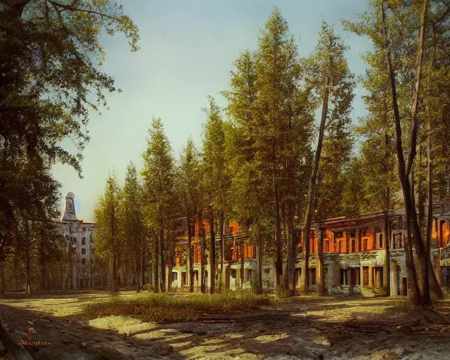 Prompt: beautiful matte painting of cute soviet block of flats hrushevka in end of forest by ivan shishkin, artstation, cinestill