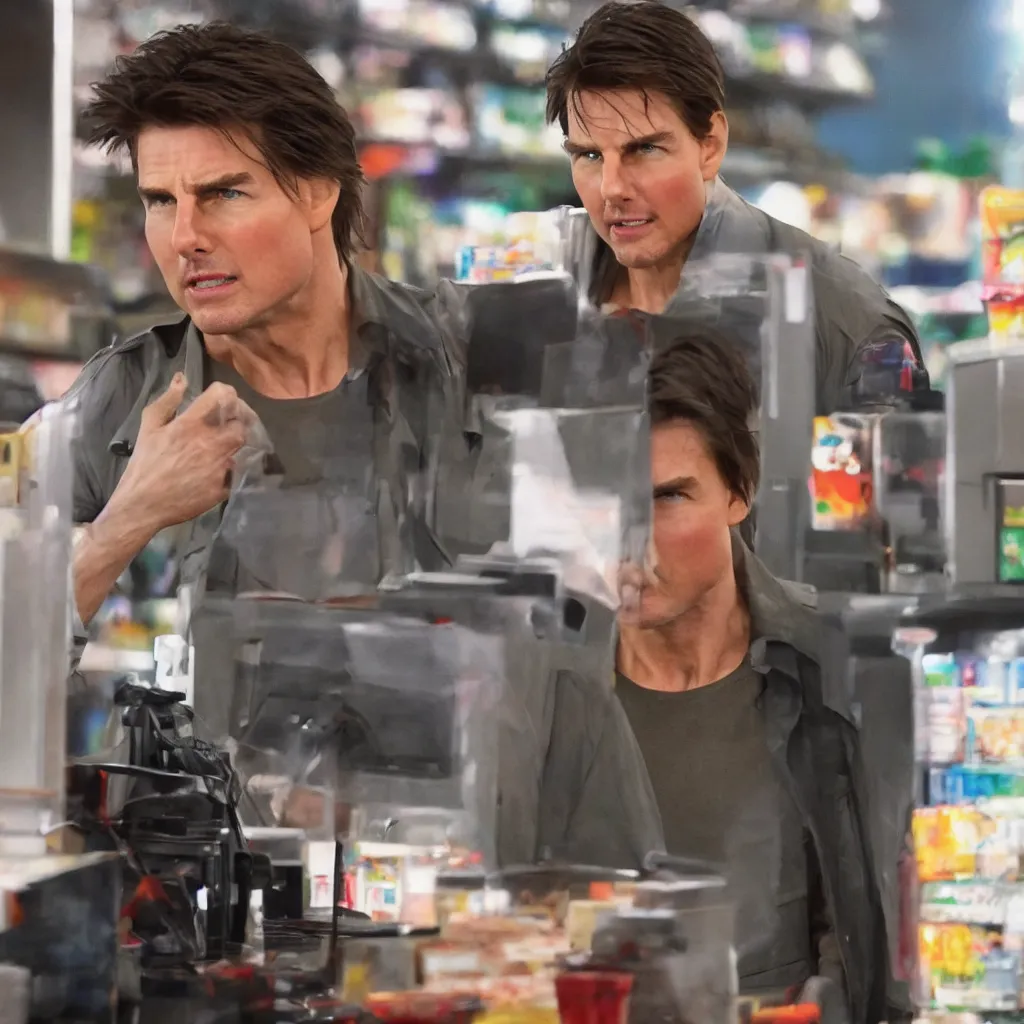 Image similar to Tom Cruise working as a 7/11 cashier, macro, dramatic, artstation, 8k, HD