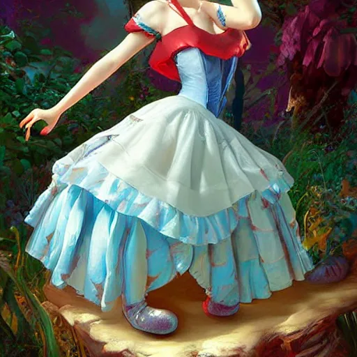 Prompt: Alice in wonderland, full body, head, lips, feet, masterpiece, detailed painting by Ross Tran and Gil Elvgren