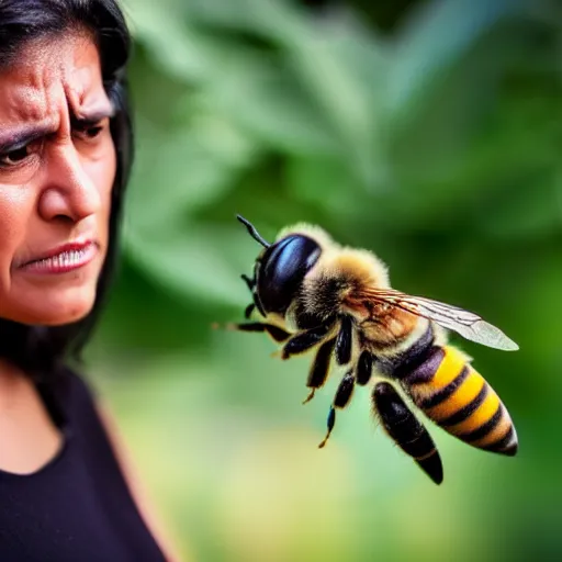 Image similar to mexican woman arguing with a bee, close - up, 4 k photorealism