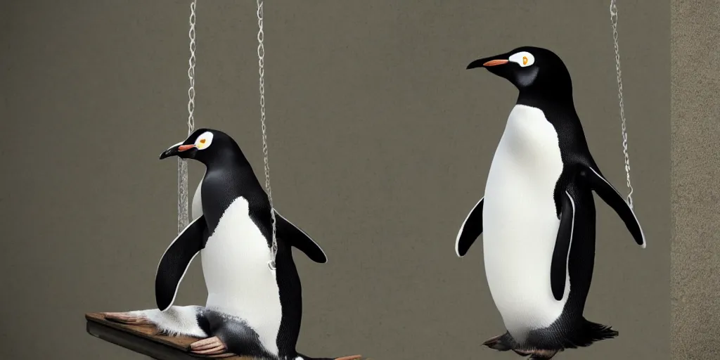 Image similar to realistic penguin sitting on a swing, hyper detailed, trending on artstation