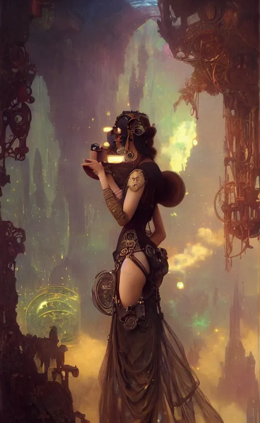 Image similar to hyper realistic photographer taking a picture, magical, gems, jewels, gold, steampunk, cyberpunk utopia, painted by tom bagshaw, mucha, gaston bussiere, craig mullins, j. c. leyendecker 8 k