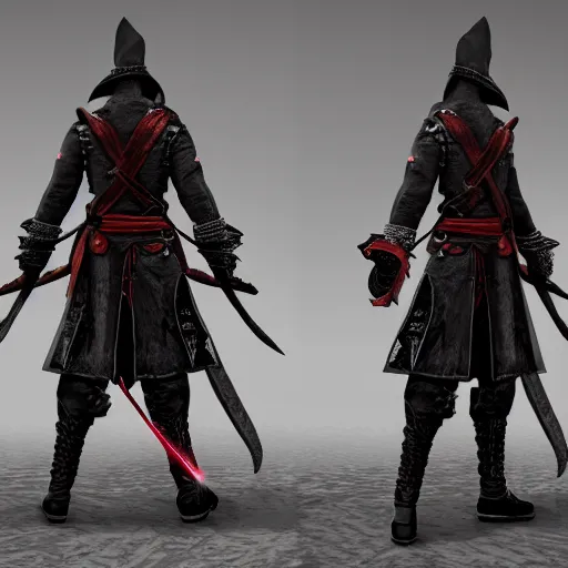 Prompt: Full body profile of Male Ninja Pirate, hd, intricate, bloodborne, 8k, digital art