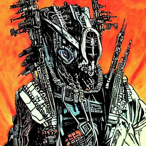 Prompt: danny trejo as a cyberpunk executioner, hyperdetailed, art by philippe druillet