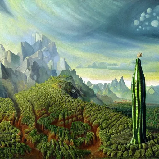 Prompt: beautiful filmed in IMAX dieselpunk painting of a beatiful scenic mountain range surrounded by grainy Zucchini hexagons, by Leonardo da Vinci and Peter Gric and Mark Rothko and Hans Andersen Brendekilde