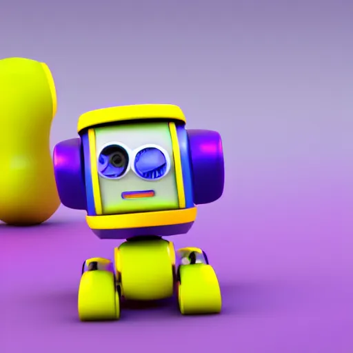 Prompt: high quality 3 d render made with blender of a colourful robot made of fisher price toys being driven by a smaller happy robot. the background is a purple gradient