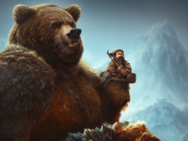 Image similar to High Fantasy Dwarf sits on Grizzly Bear, RPG Portrait, Oil Painting, Trending on Artstation, octane render, Insanely Detailed, 8k, HD