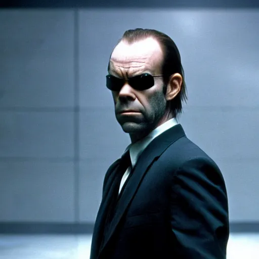 Image similar to close - up of hugo weaving as agent smith in the matrix, movie still frame, promotional image, imax 7 0 mm footage