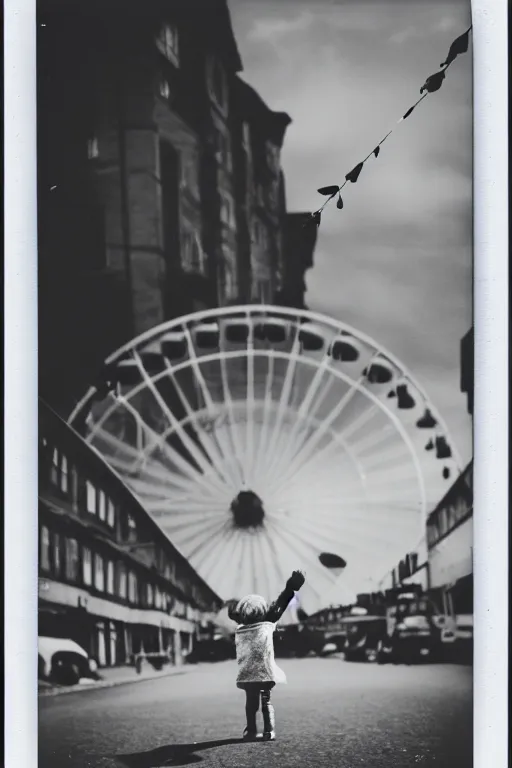 Image similar to photo polaroid of a sad and lonely child in the middle of a street holds the string of a balloon in front of him a Ferris wheel of a funfair, loneliness, black and white ,photorealistic, 35mm film,