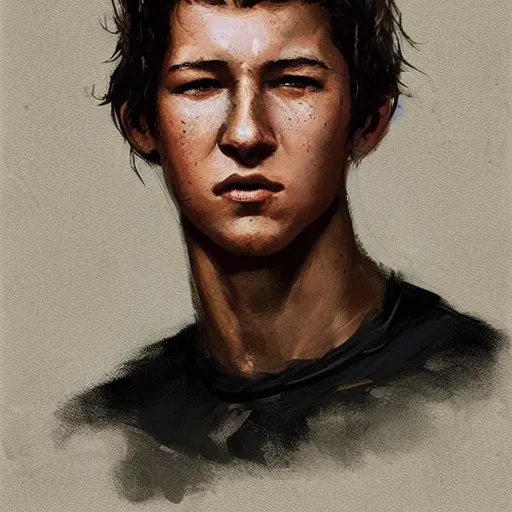 Image similar to portrait of a man by greg rutkowski, he looks like tye sheridan, he is about 2 0 years old, messy brown hair, tired eyes, he is wearing a black and white kevlar superhero suit, highly detailed portrait, digital painting, artstation, concept art, smooth, sharp foccus ilustration, artstation hq