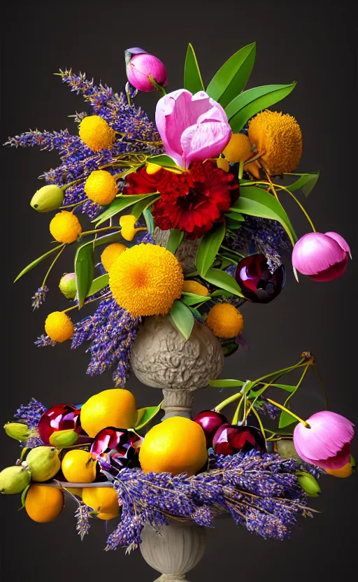 Prompt: still life of flowers and fruit, centered, window lighting, complex 3 d render, ultra detailed, 1 0 5 mm lens, refined, high definition, photo realism, rembrandt lighting, cherry blossoms, white flowers, red berries, detailed branches, twigs, lavender, yellow st joseph lily, peonies, foliage, marigold, tulips, blue iris,