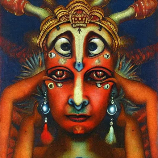 Image similar to close-up face of female Hindu demon goddess| photo collage| by Hannah Hoch and Odd Nerdrum| very detailed and colorful |beautiful eerie surreal psychedelic